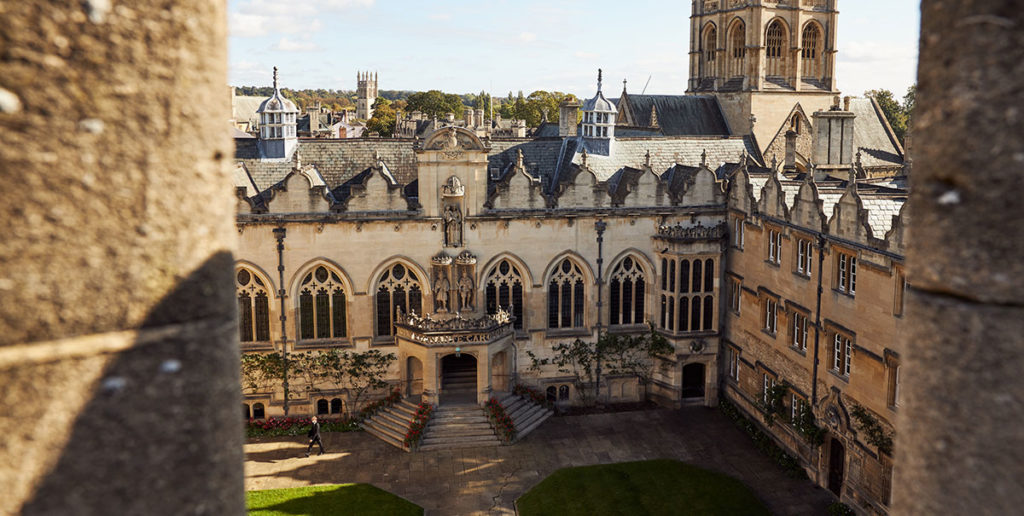 A view of Oriel College's Hall steps taken from above
