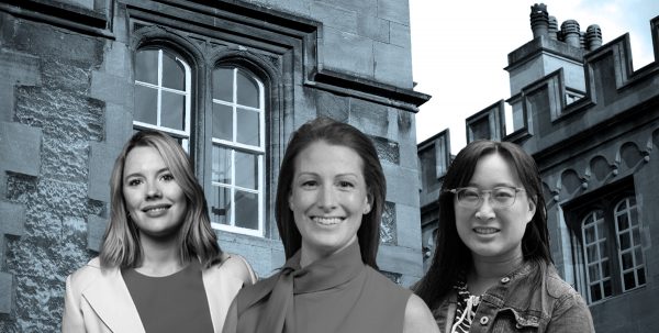 Photo of exterior of Oriel College overlayed with images of Lia Yeh, Amanda Storey and Sian Cox-Brooker