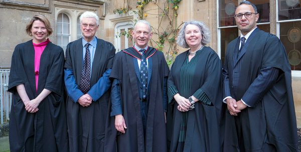 The Provost, Lord Mendoza CBE, and the four new Honorary Fellows outside of the Provost's Lodgings