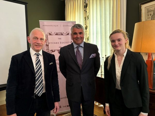 Provost Lord Mendoza CBE, left, with Major General Tedman, Commander United Kingdom Space Command, centre, and Rosanna Carrick-Daly (New College), President Stubbs Society (Trinity term, 2024), right.