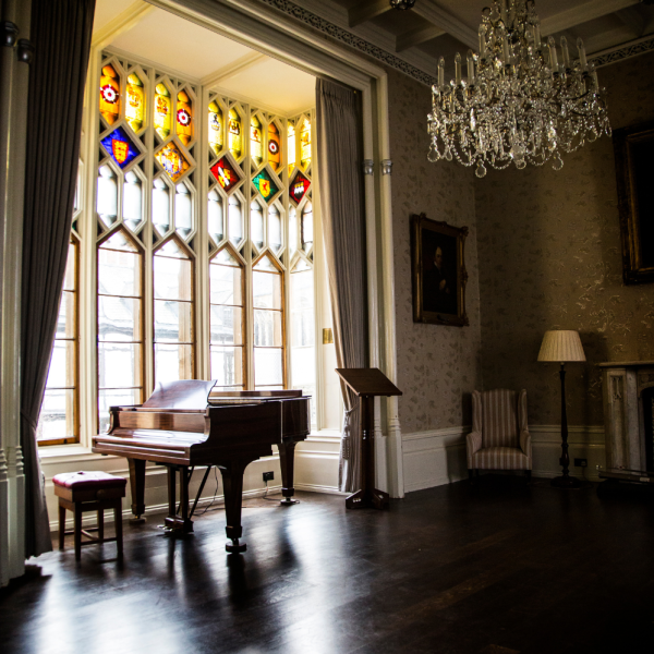 Oriel College Music Room - piano in a bay window